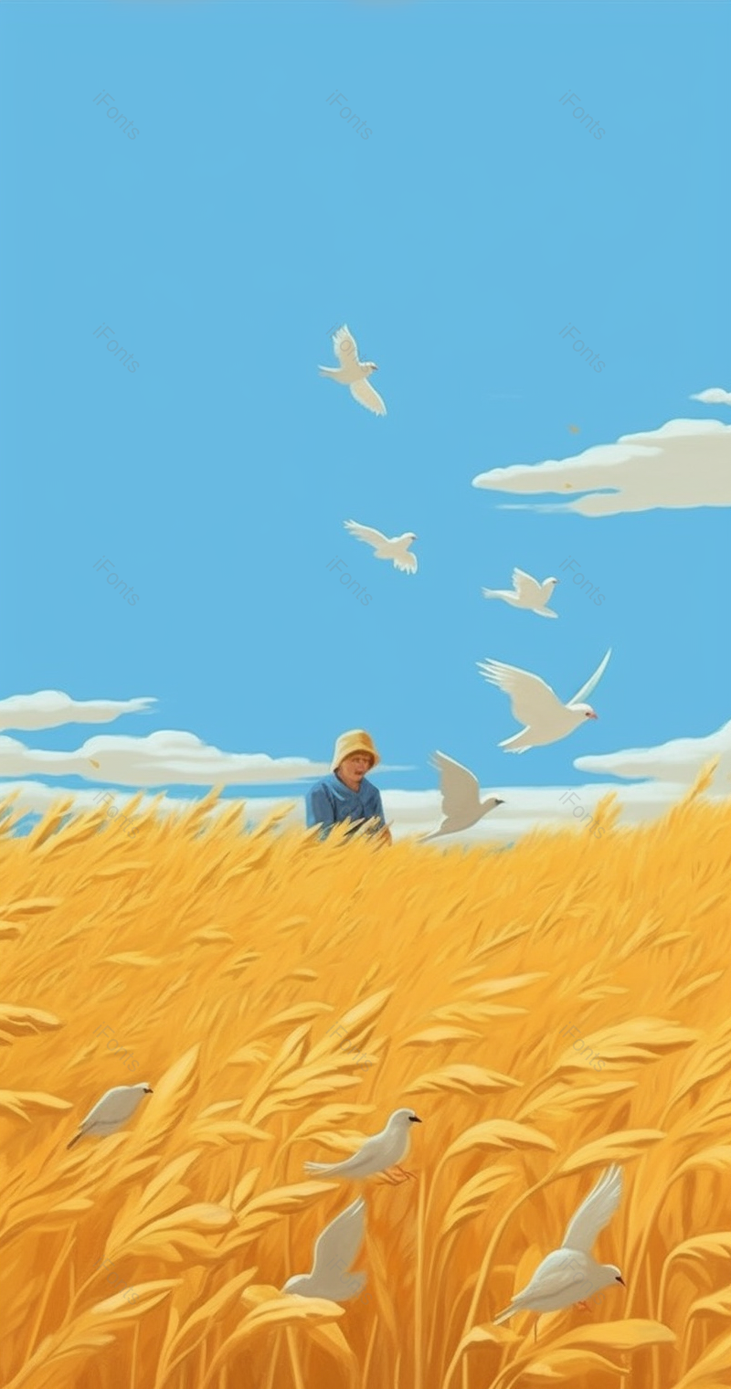 农作农民一人白鸽鸟群秋季麦田稻谷麦穗丰收金色黄色插画,插画/手绘图,插画/手绘图库,插画/手绘图下载,插画/手绘